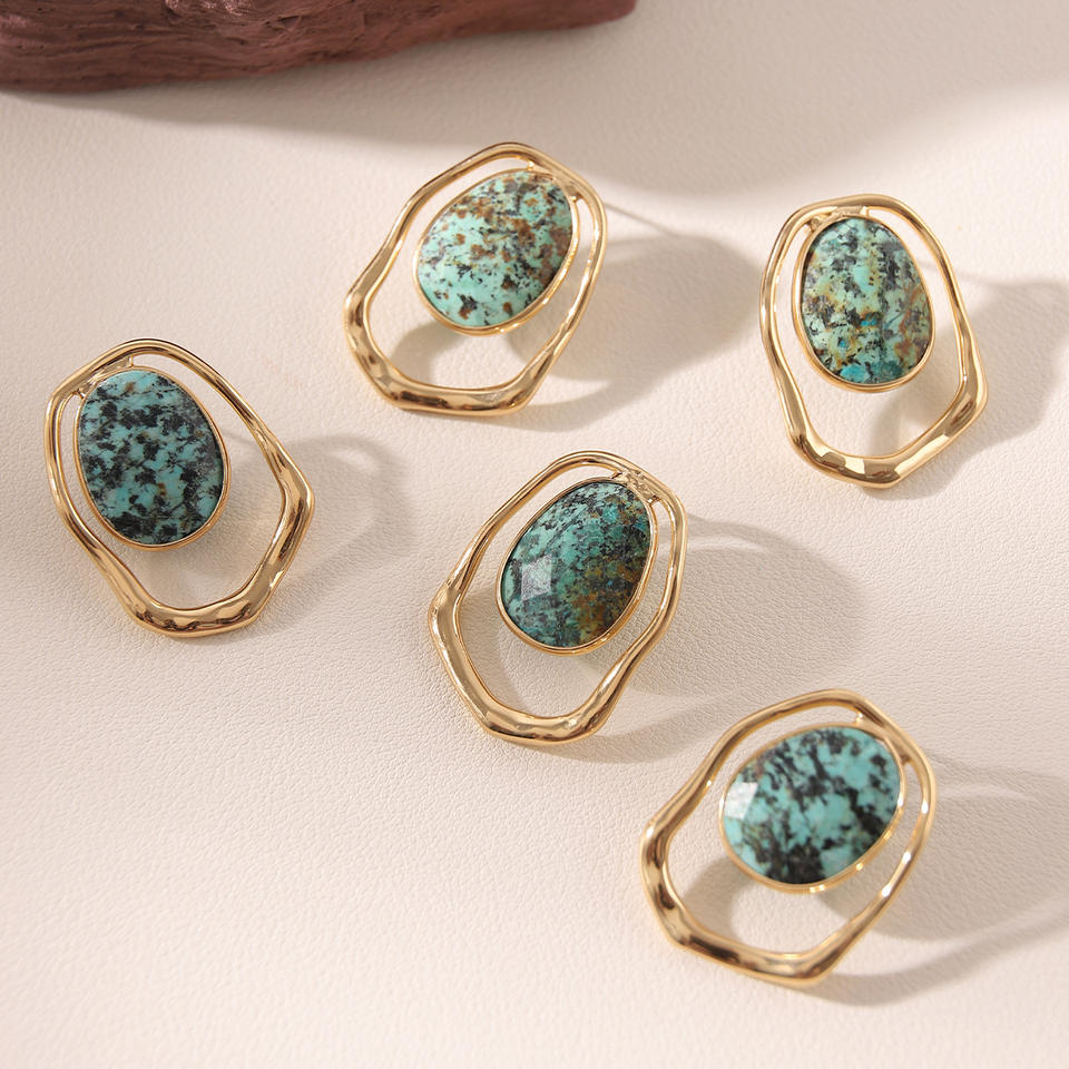 African Turquoise Gold Stud Earrings source image 6