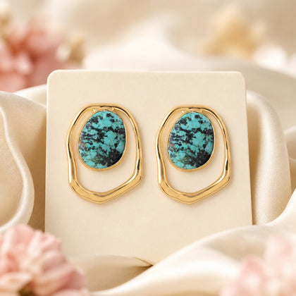 African Turquoise Gold Stud Earrings - Stainless Steel Oval Gemstone Earrings for Women