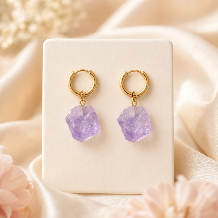 Raw Crystal Hoop Earrings - Gold Tone Natural Stone Drop Earrings for Women