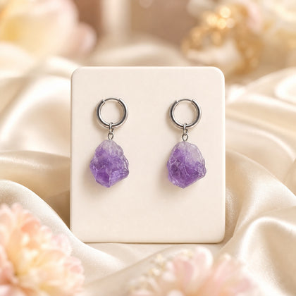 Raw Stone Silver Hoop Earrings - Natural Crystal Drop Earrings for Women