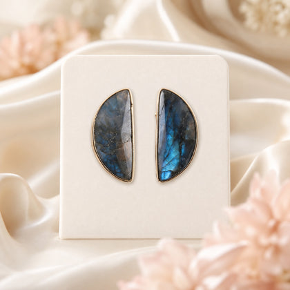 Natural Stone Half-Moon Stud Earrings - Gold Tone Vintage Gemstone Earrings
