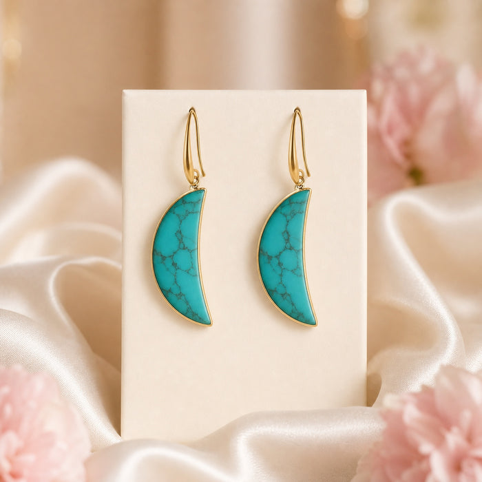Gold Moon Gemstone Dangle Earrings - 40mm Stainless Steel Crystal Pendant Earrings