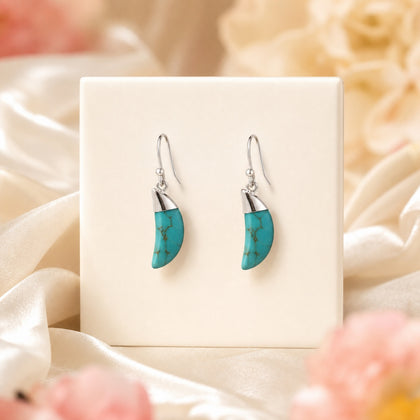 Natural Stone Moon Dangle Earrings - 10x25mm Silver Tone Gemstone Earrings