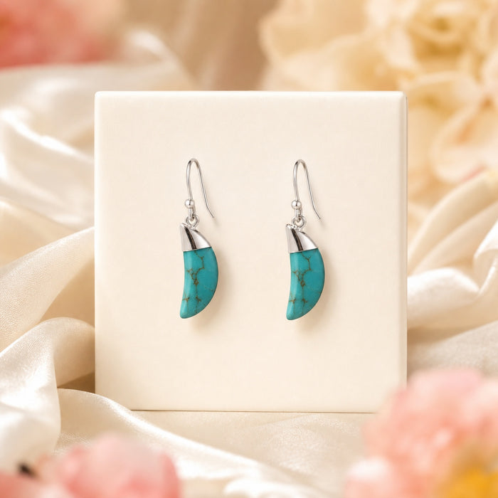 Natural Stone Moon Dangle Earrings - 10x25mm Silver Tone Gemstone Earrings